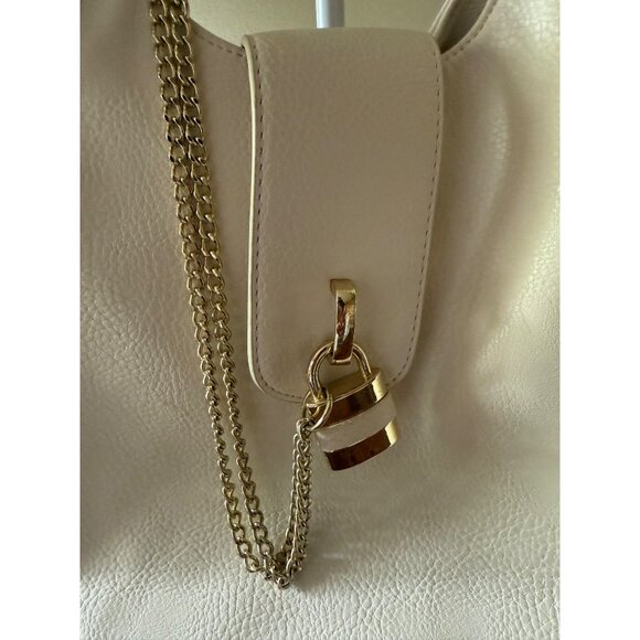 Cream Faux Leather Handbag With Gold Chain & Lock Detail Zipper Pocket Top Handl - Picture 2 of 13